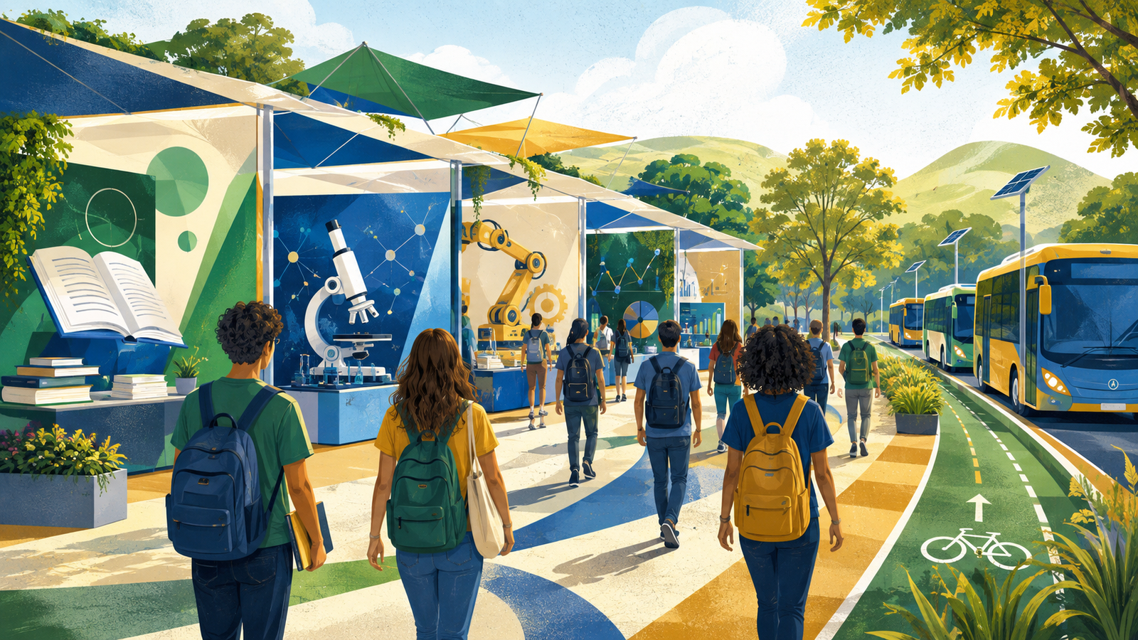 Estudantes circulando por uma mostra universitária em um campus arborizado