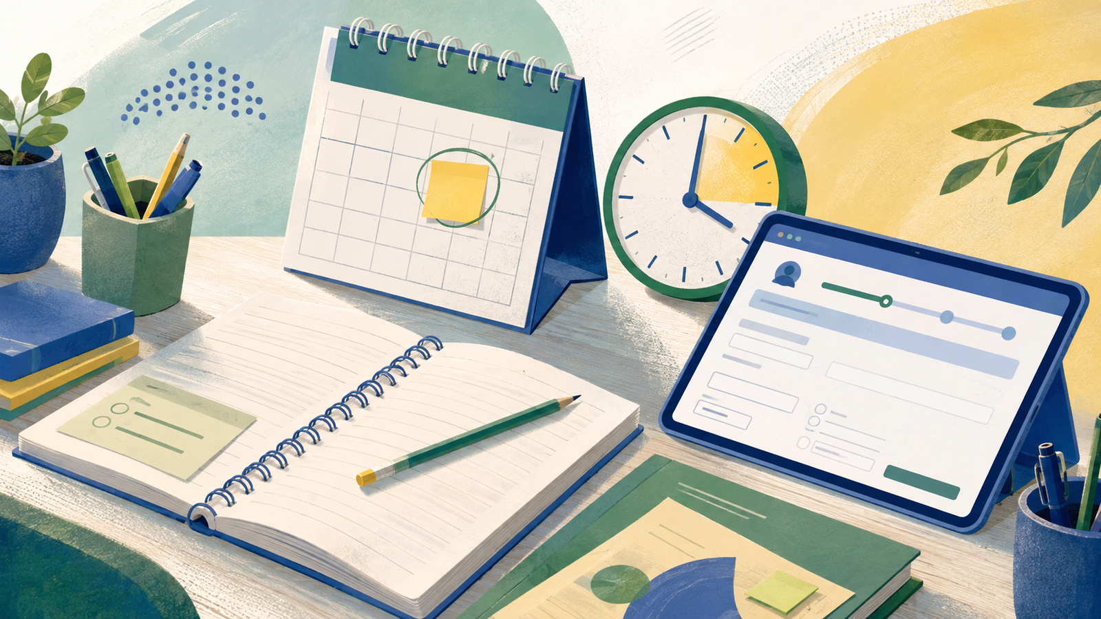 Mesa de estudos com formulário, calendário e relógio