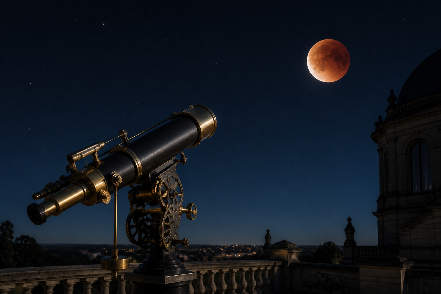 Luneta histórica apontada para a Lua eclipsada