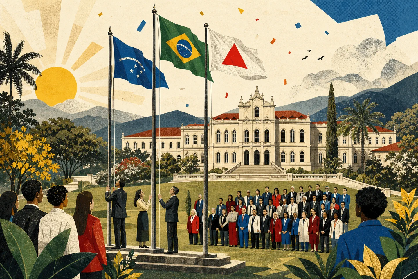 Cerimônia ilustrada de hasteamento de bandeiras no campus, com a comunidade universitária reunida diante de um edifício histórico.