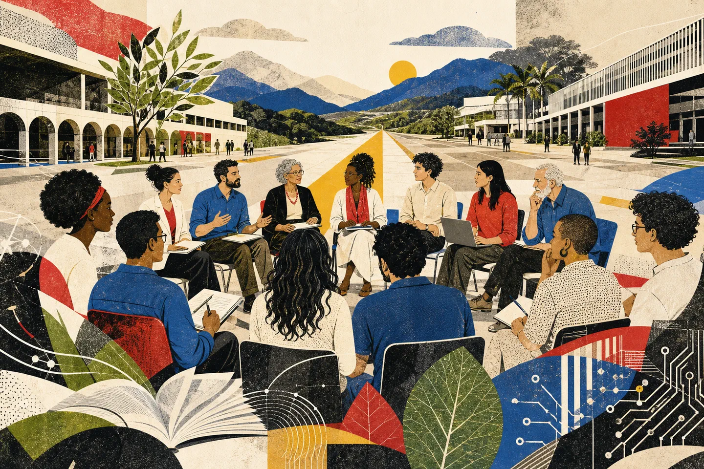 Comunidade universitária ilustrada debate o futuro em círculo, entre livros, natureza e tecnologia.