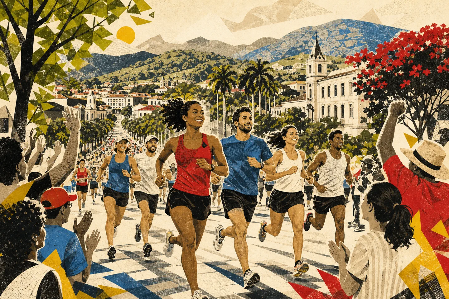 Corredores ilustrados participam de uma meia maratona pelas avenidas arborizadas e montanhosas de Viçosa.