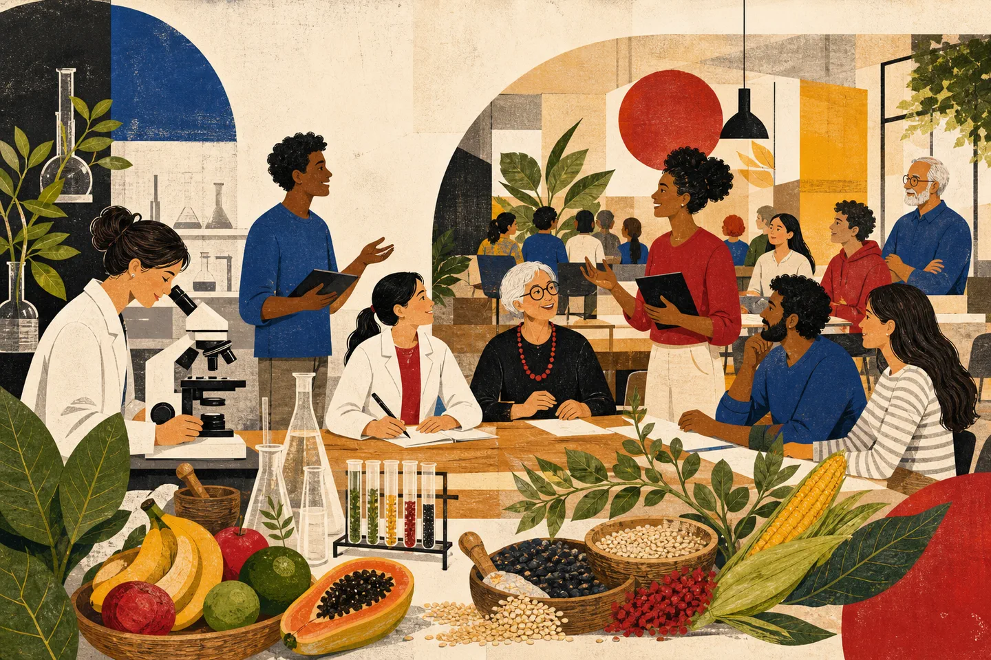 Pesquisadores e estudantes ilustrados reúnem alimentos, laboratório e diálogo em um encontro acadêmico de Nutrição.